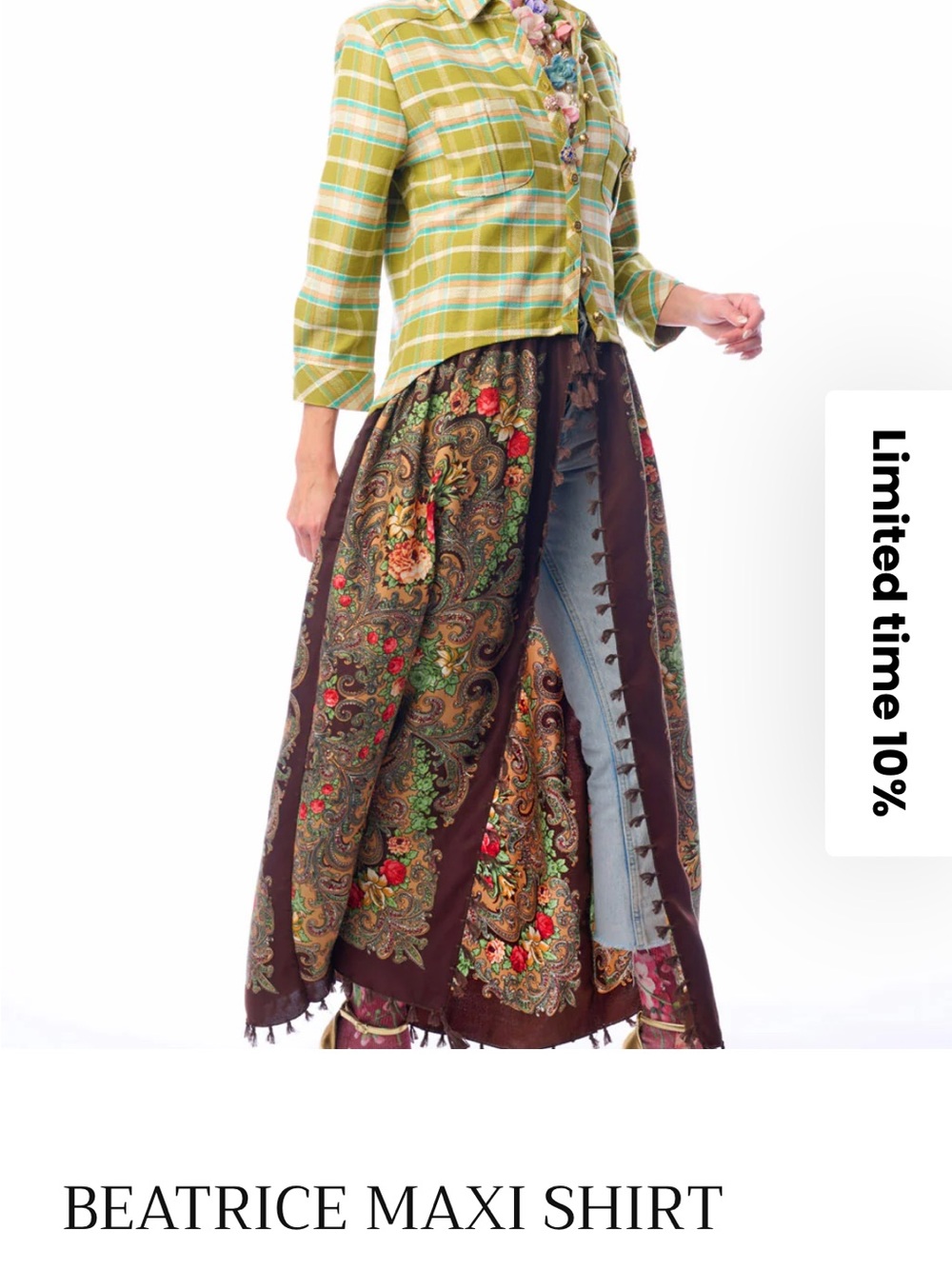 NWT Aratta Silent Journey Beatrice Maxi Shirt- Floral and Plaid - Picture 4 of 16